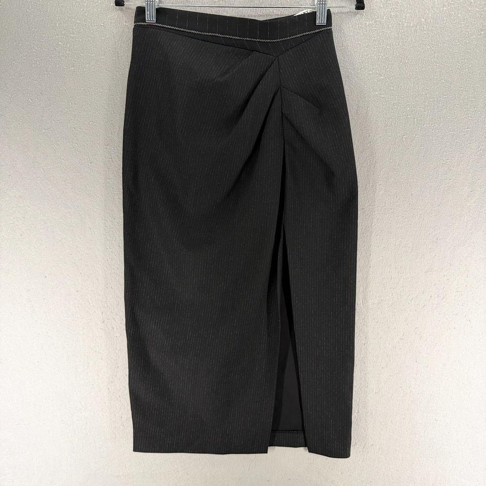 Zara Midi Skirt Womens S Black High Slit Draped Pencil Pinstripe Old Money NWT‎